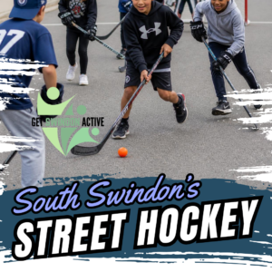 Children playing street hockey on an outdoor court with hockey sticks and an orange ball. The poster features the Get Swindon Active logo and the text, "South Swindon's Street Hockey," in large bold lettering.