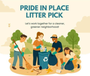 Illustration of four volunteers cleaning a park, collecting litter and recycling waste under the heading “Pride in Place Litter Pick.”