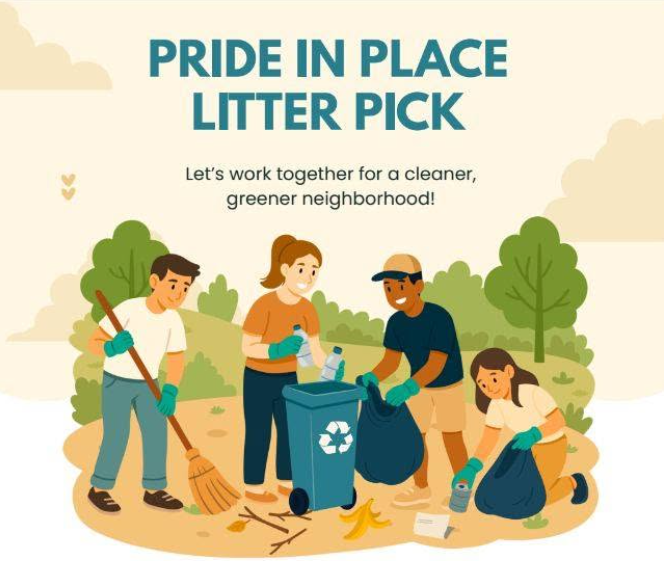 Illustration of four volunteers cleaning a park, collecting litter and recycling waste under the heading “Pride in Place Litter Pick.”