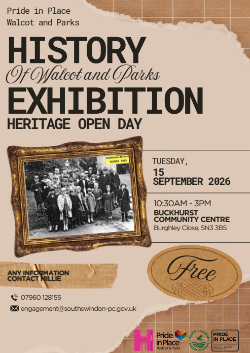 A Heritage Open Day poster advertising the free “Pride in Place: History of Walcot and Parks” exhibition at Buckhurst Community Centre on Tuesday 15 September 2026, from 10:30am to 3pm.