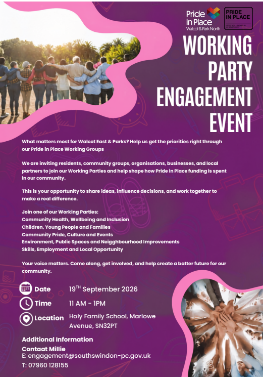 A purple and pink Pride in Place poster promoting a Working Party Engagement Event for Walcot East and Parks on 19 September 2026, from 11am to 1pm at Holy Family School, Marlowe Avenue.